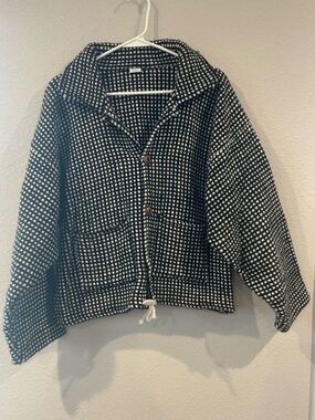 Womens 100% Wool Classic Black White Checkered Button Up Sweater Jacket Size XL